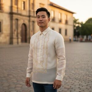 Embroidered Beige Silk Barong Tagalog Filipino Shirt Mens Formal Medium